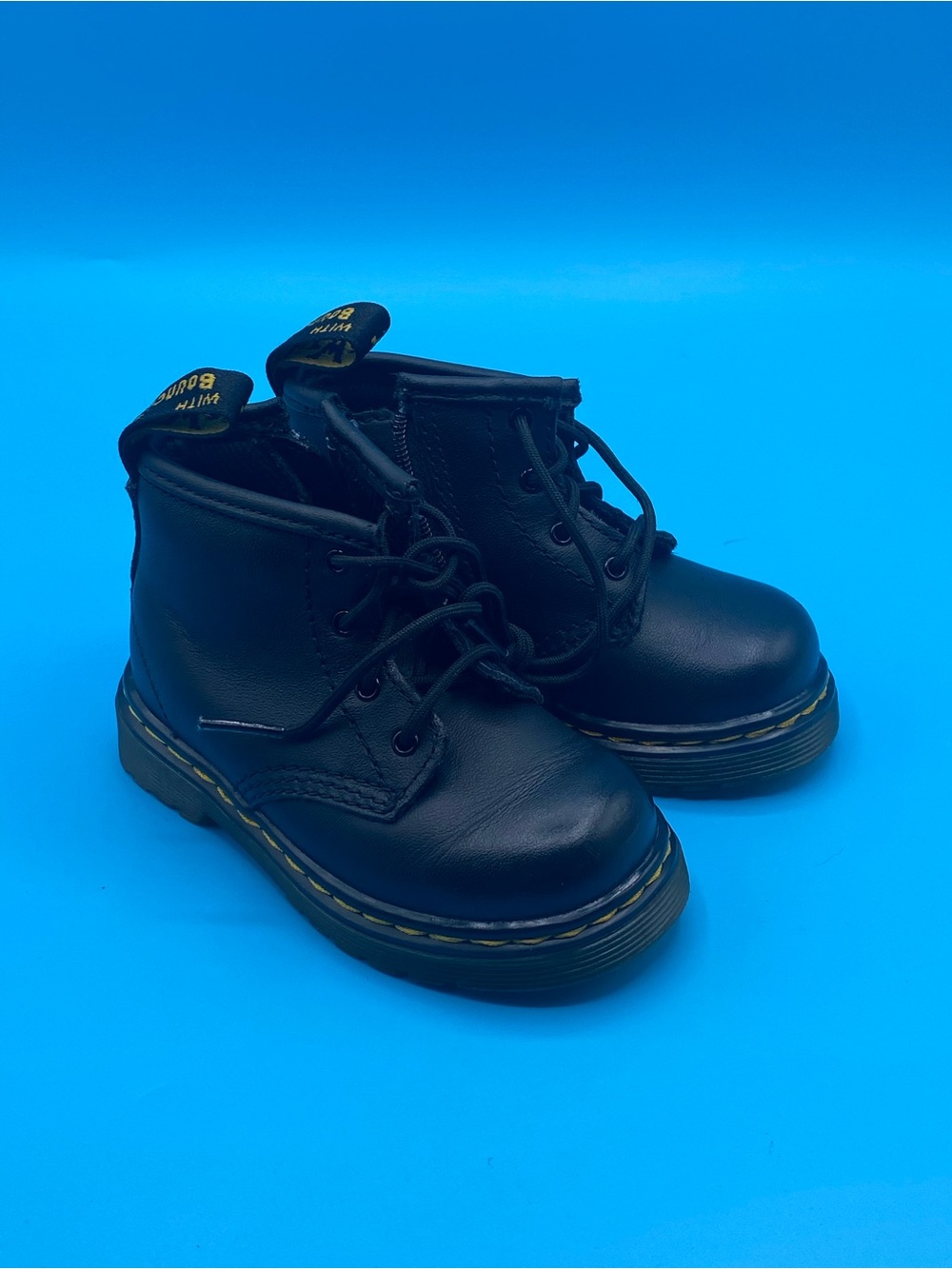 Dr. Martens Kids Black Lace-Up Ankle Boots with Yellow Stitching
